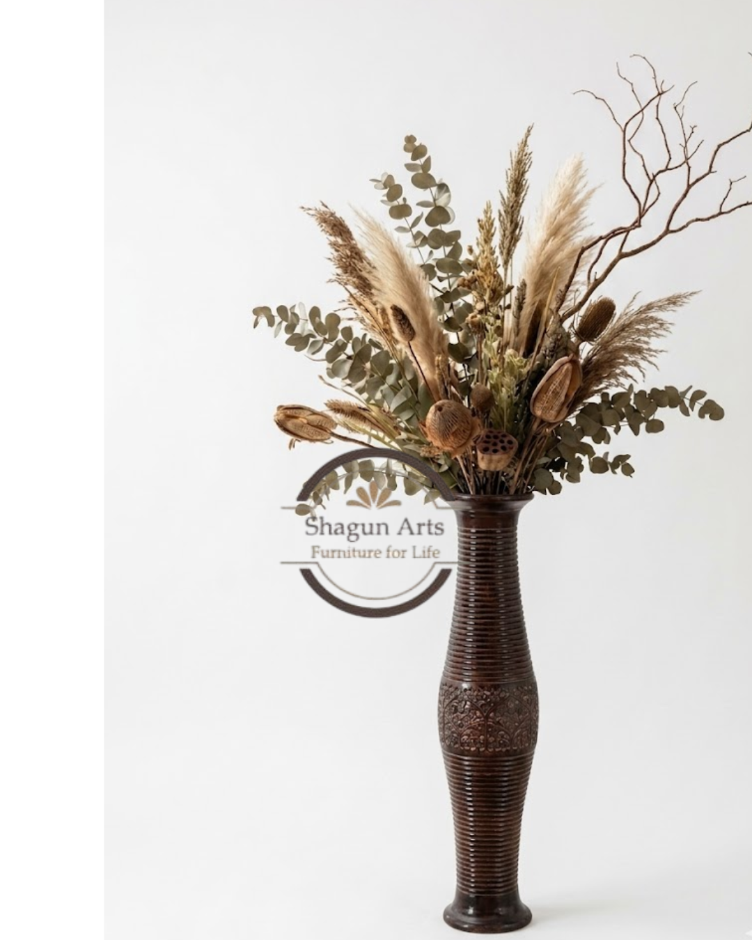 Handcrafted Tall Carved Wooden Decorative Vase