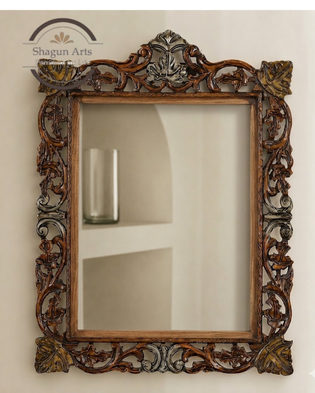 Handcrafted Ornate Floral Carved Wooden Wall Mirror