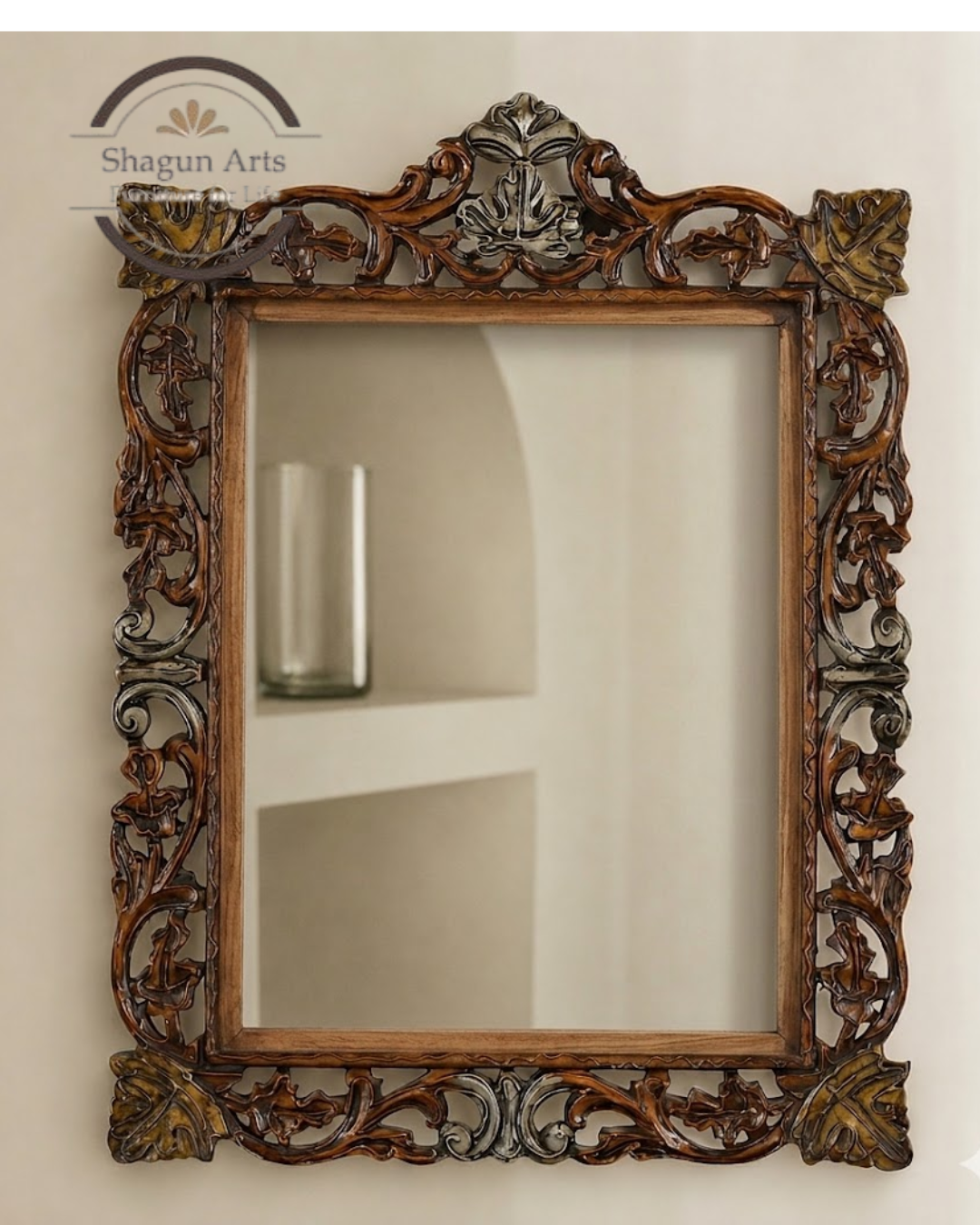 Handcrafted Ornate Floral Carved Wooden Wall Mirror