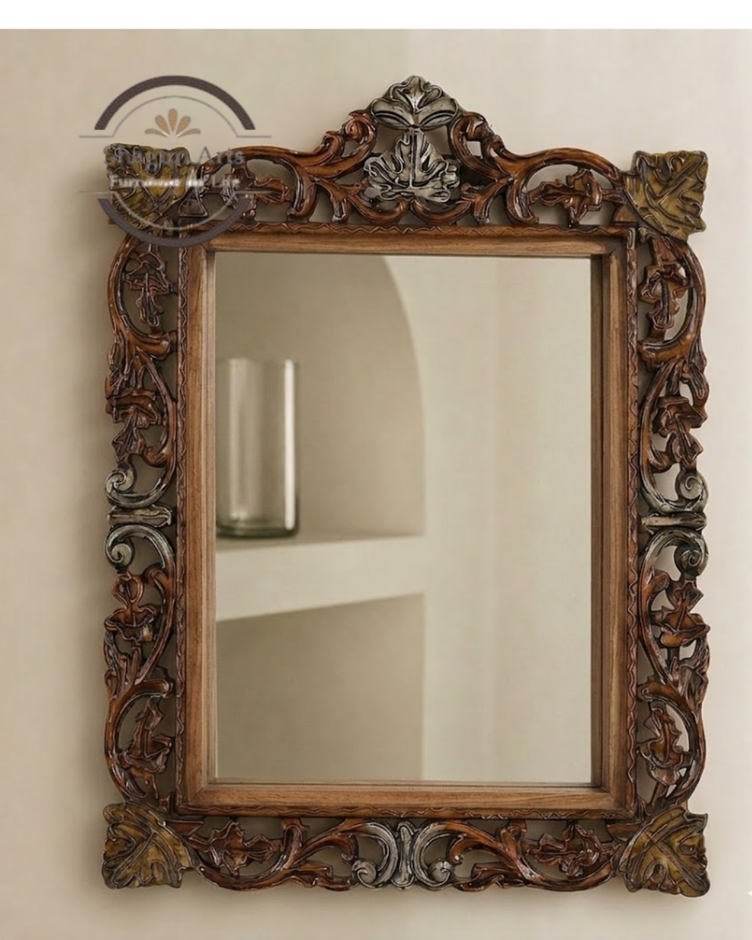 Handcrafted Ornate Floral Carved Wooden Wall Mirror