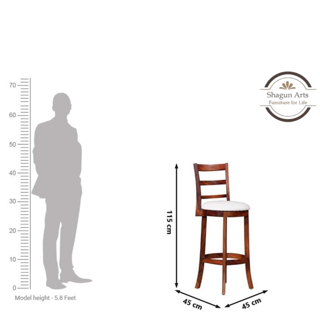 Solid Sheesham Handcrafted Wooden Bar Stool with Cushioned Seat & Slatted Backrest