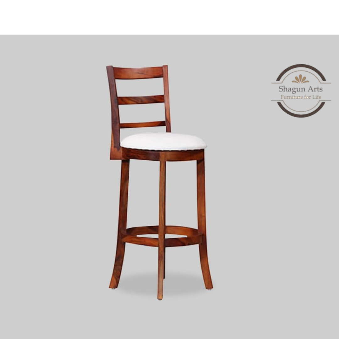 Solid Sheesham Handcrafted Wooden Bar Stool with Cushioned Seat & Slatted Backrest