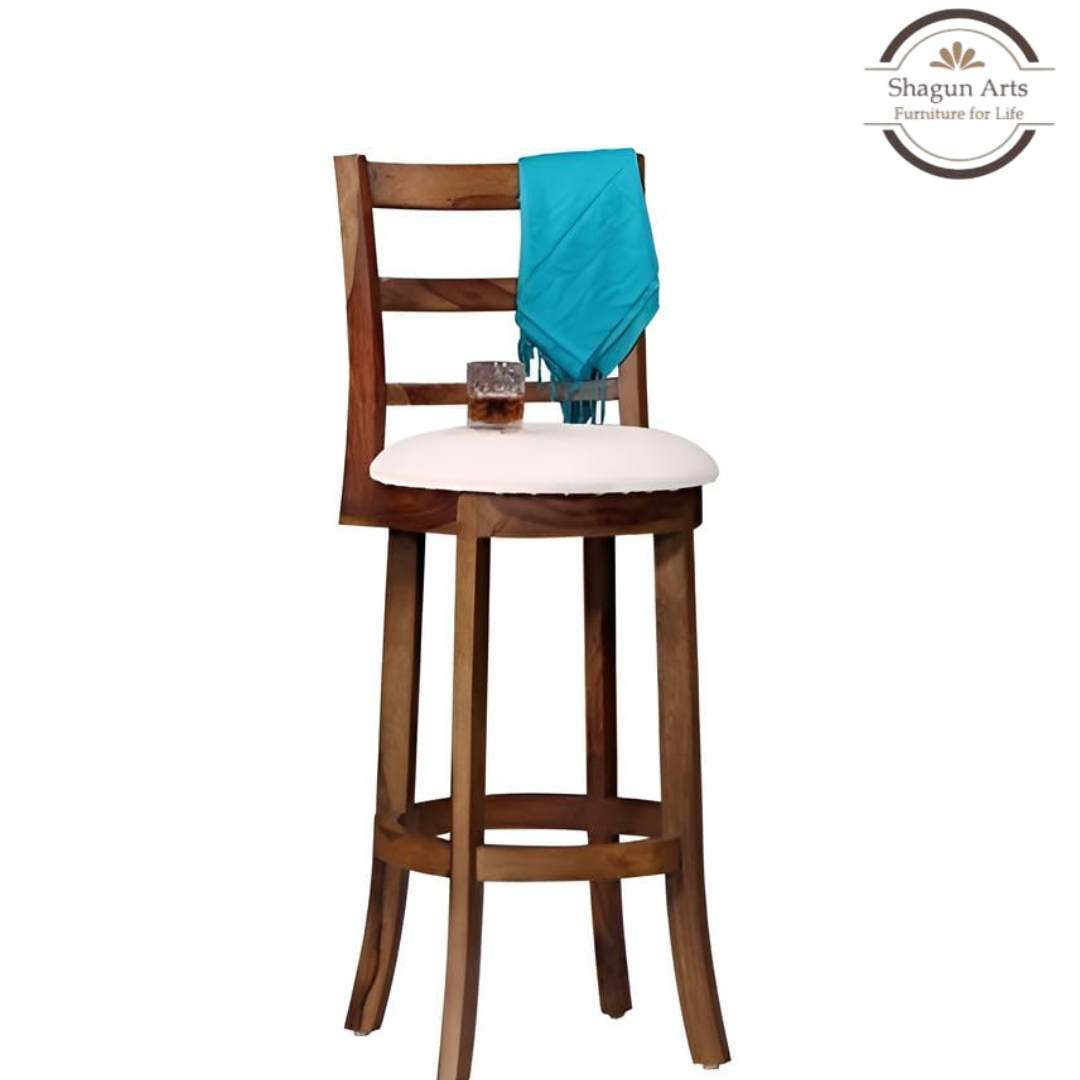 Solid Sheesham Handcrafted Wooden Bar Stool with Cushioned Seat & Slatted Backrest