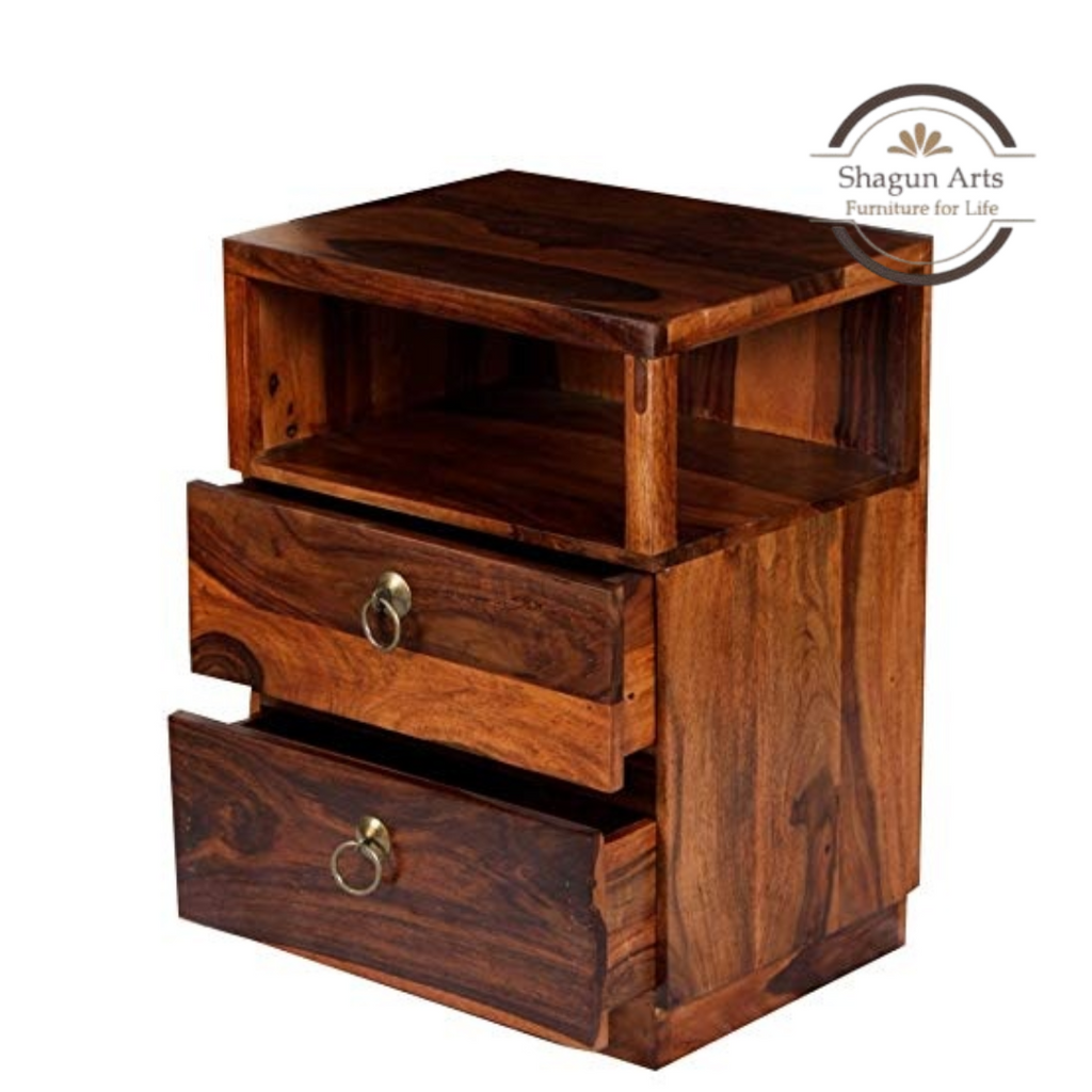 Solid Sheesham Wood Bedside Table with 2 Drawers & Open Shelf | Wooden Nightstand | Natural Brown Finish