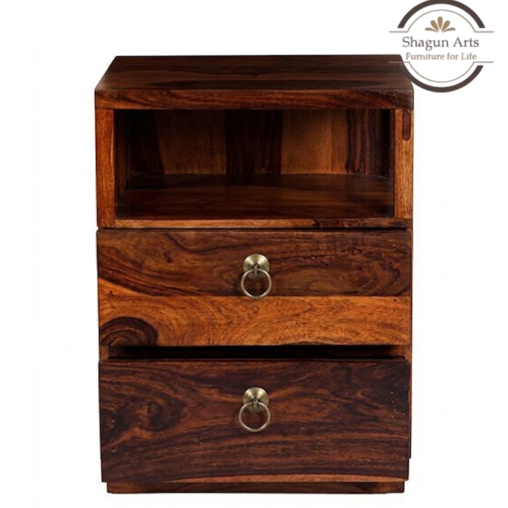 Solid Sheesham Wood Bedside Table with 2 Drawers & Open Shelf | Wooden Nightstand | Natural Brown Finish