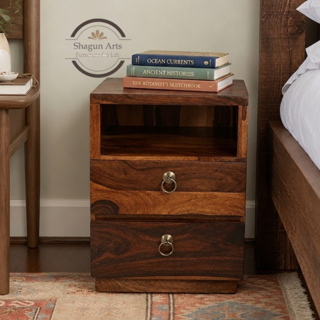 Solid Sheesham Wood Bedside Table with 2 Drawers & Open Shelf | Wooden Nightstand | Natural Brown Finish
