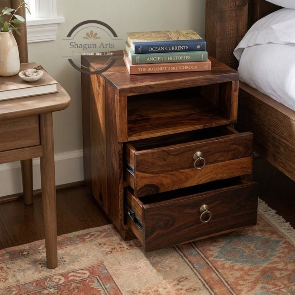 Solid Sheesham Wood Bedside Table with 2 Drawers & Open Shelf | Wooden Nightstand | Natural Brown Finish