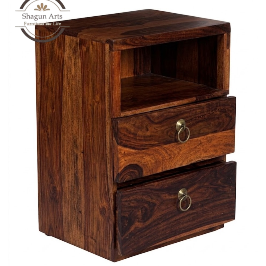 Solid Sheesham Wood Bedside Table with 2 Drawers & Open Shelf | Wooden Nightstand | Natural Brown Finish