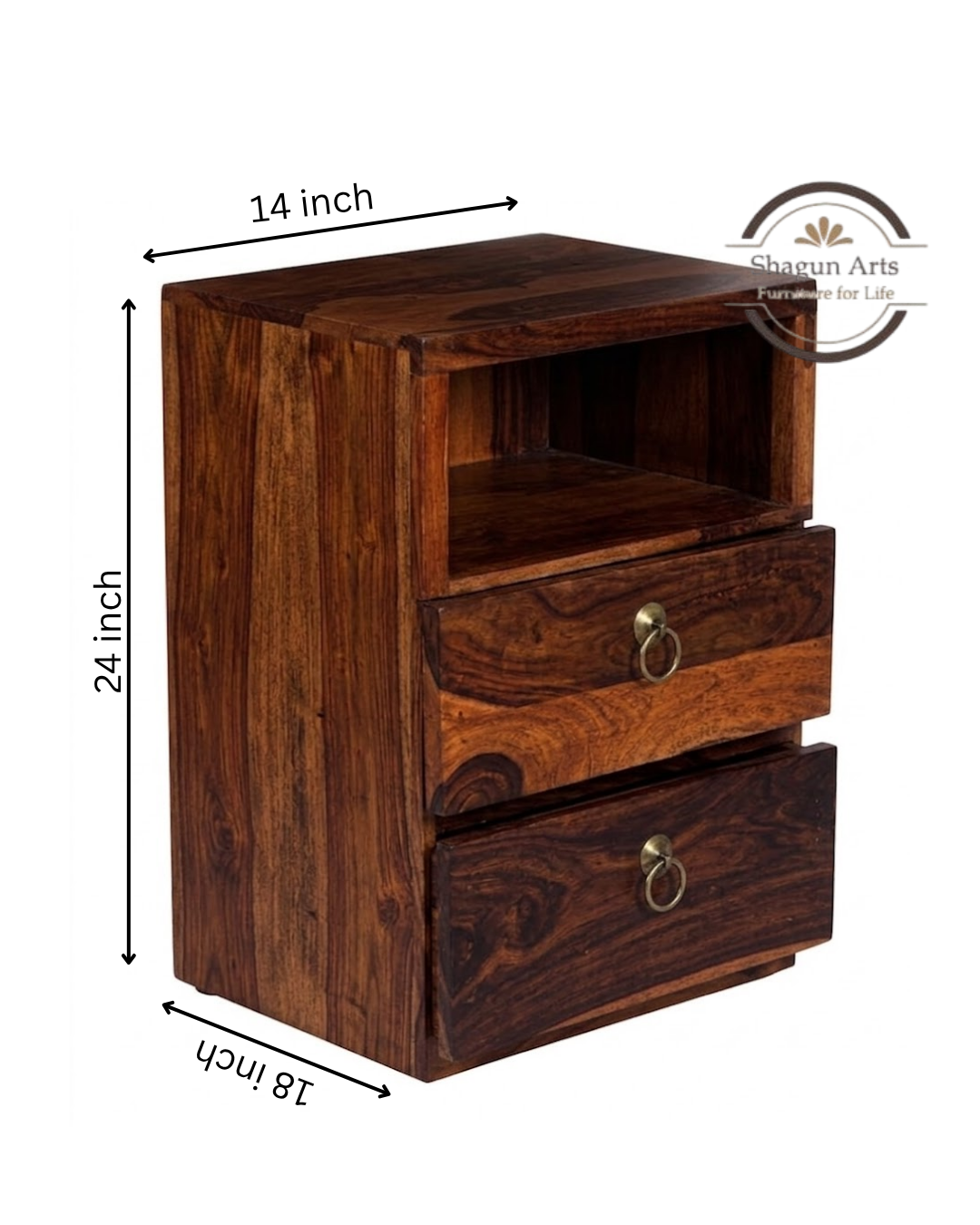 Solid Sheesham Wood Bedside Table with 2 Drawers & Open Shelf | Wooden Nightstand | Natural Brown Finish