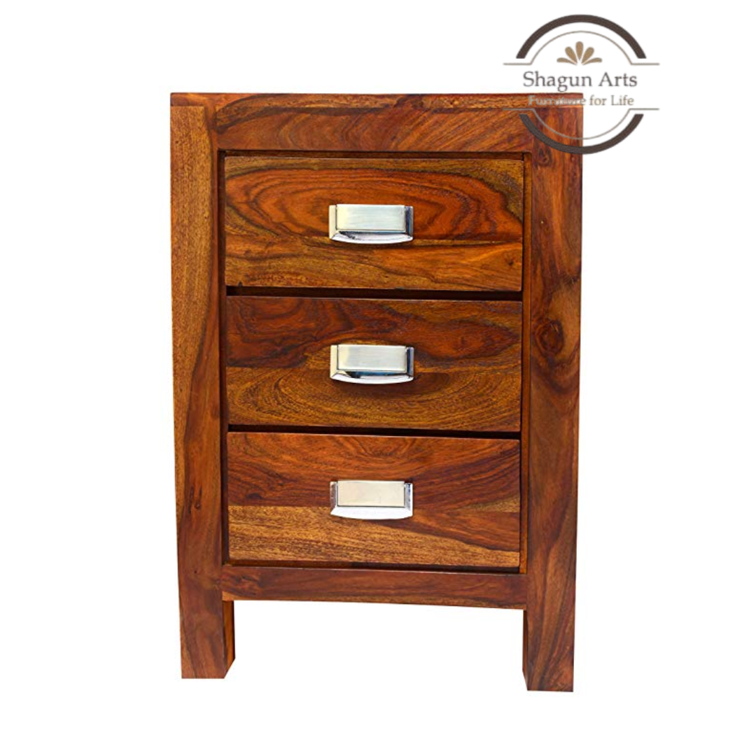 Solid Sheesham Wood Bedside Table with 3 Drawers | Modern Wooden Nightstand | Natural Brown Finish
