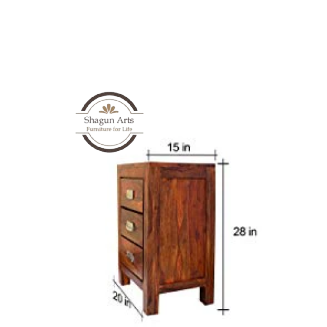 Solid Sheesham Wood Bedside Table with 3 Drawers | Modern Wooden Nightstand | Natural Brown Finish