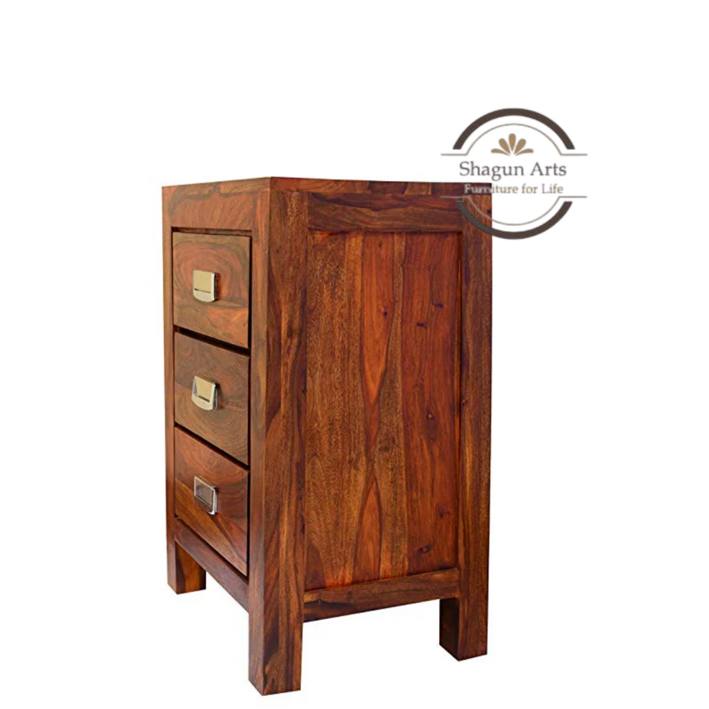 Solid Sheesham Wood Bedside Table with 3 Drawers | Modern Wooden Nightstand | Natural Brown Finish