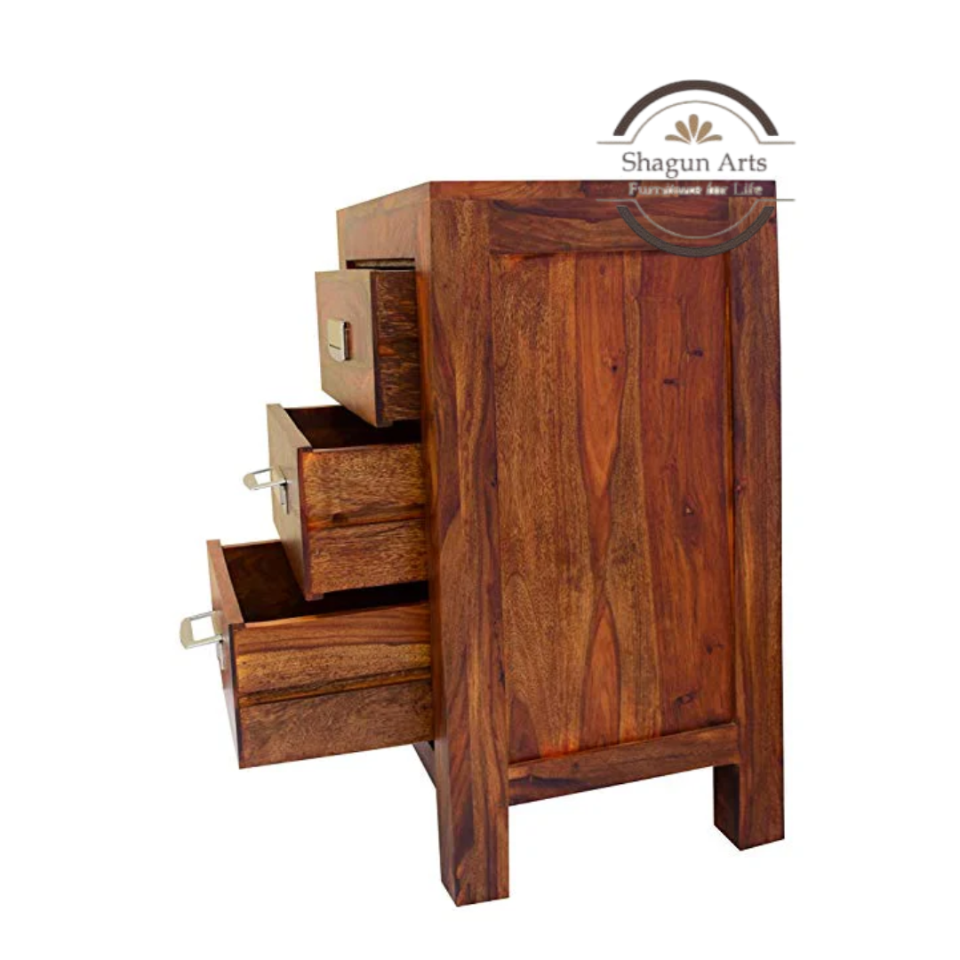 Solid Sheesham Wood Bedside Table with 3 Drawers | Modern Wooden Nightstand | Natural Brown Finish