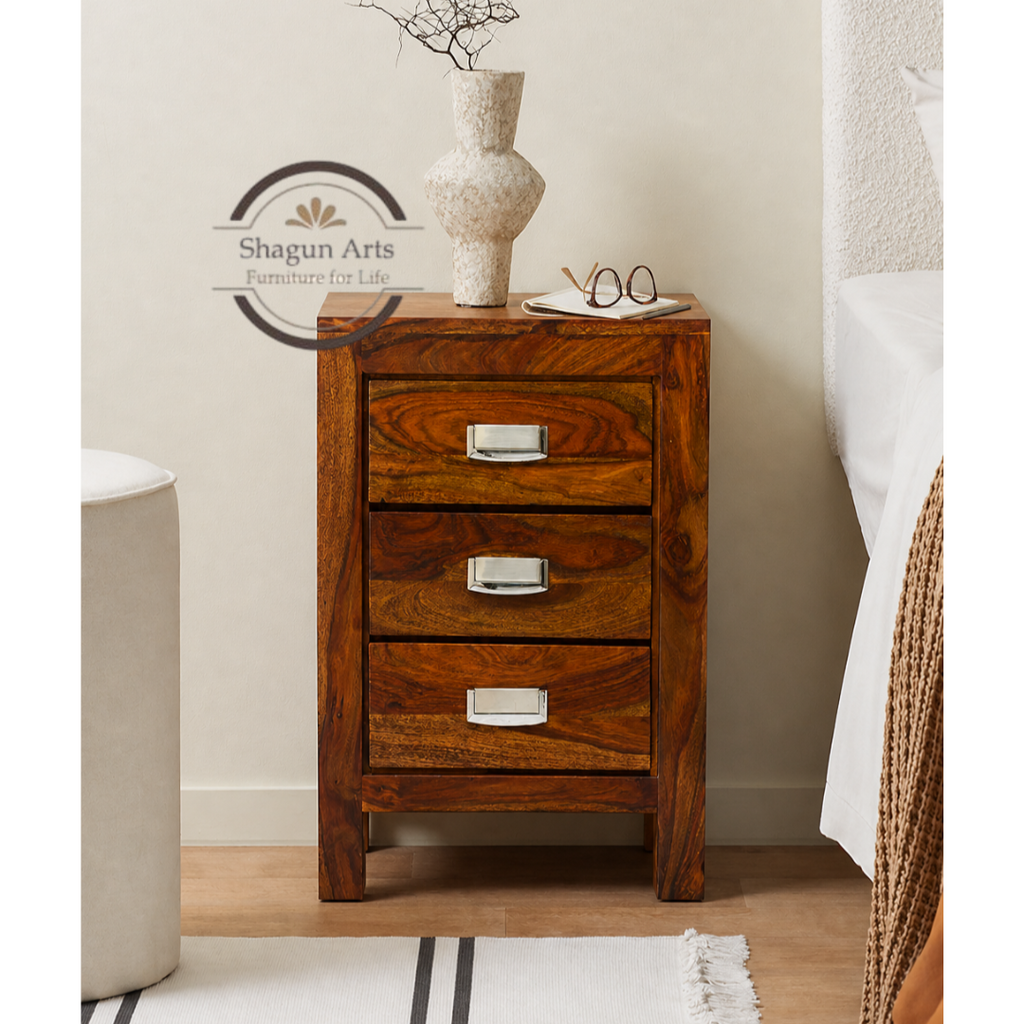 Solid Sheesham Wood Bedside Table with 3 Drawers | Modern Wooden Nightstand | Natural Brown Finish