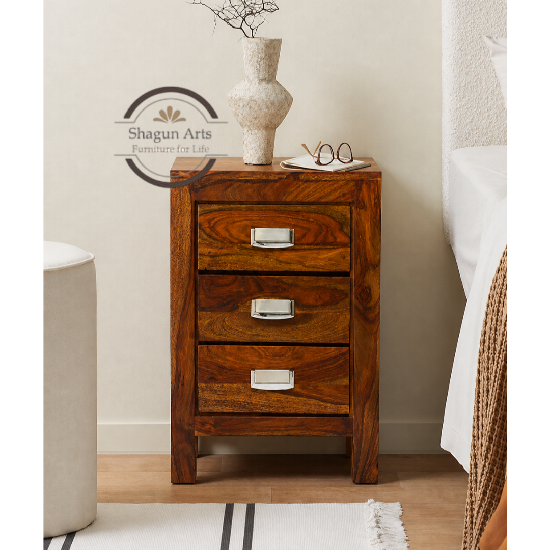 Solid Sheesham Wood Bedside Table with 3 Drawers | Modern Wooden Nightstand | Natural Brown Finish