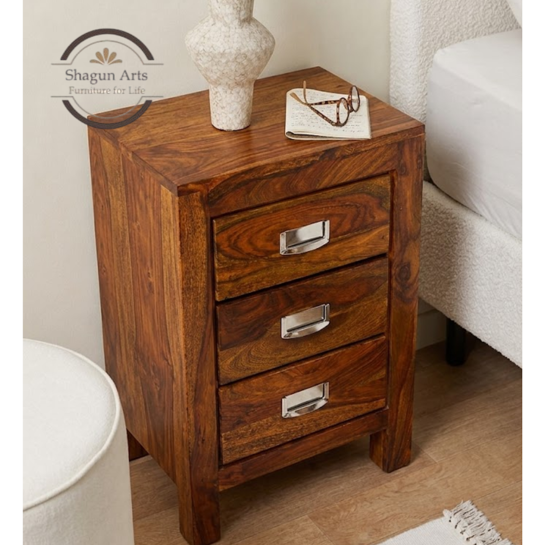 Solid Sheesham Wood Bedside Table with 3 Drawers | Modern Wooden Nightstand | Natural Brown Finish