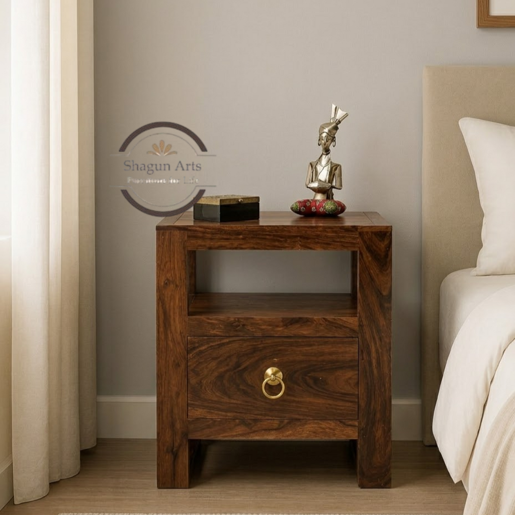 Solid Sheesham Wood Bedside Table with 1 Drawer & Dual Open Shelves | Modern Wooden Nightstand | Natural Brown Finish