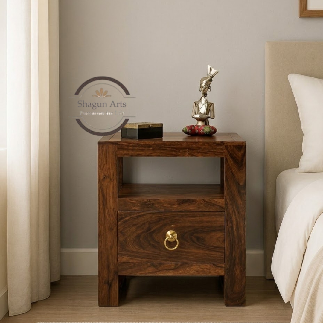 Solid Sheesham Wood Bedside Table with 1 Drawer & Dual Open Shelves | Modern Wooden Nightstand | Natural Brown Finish