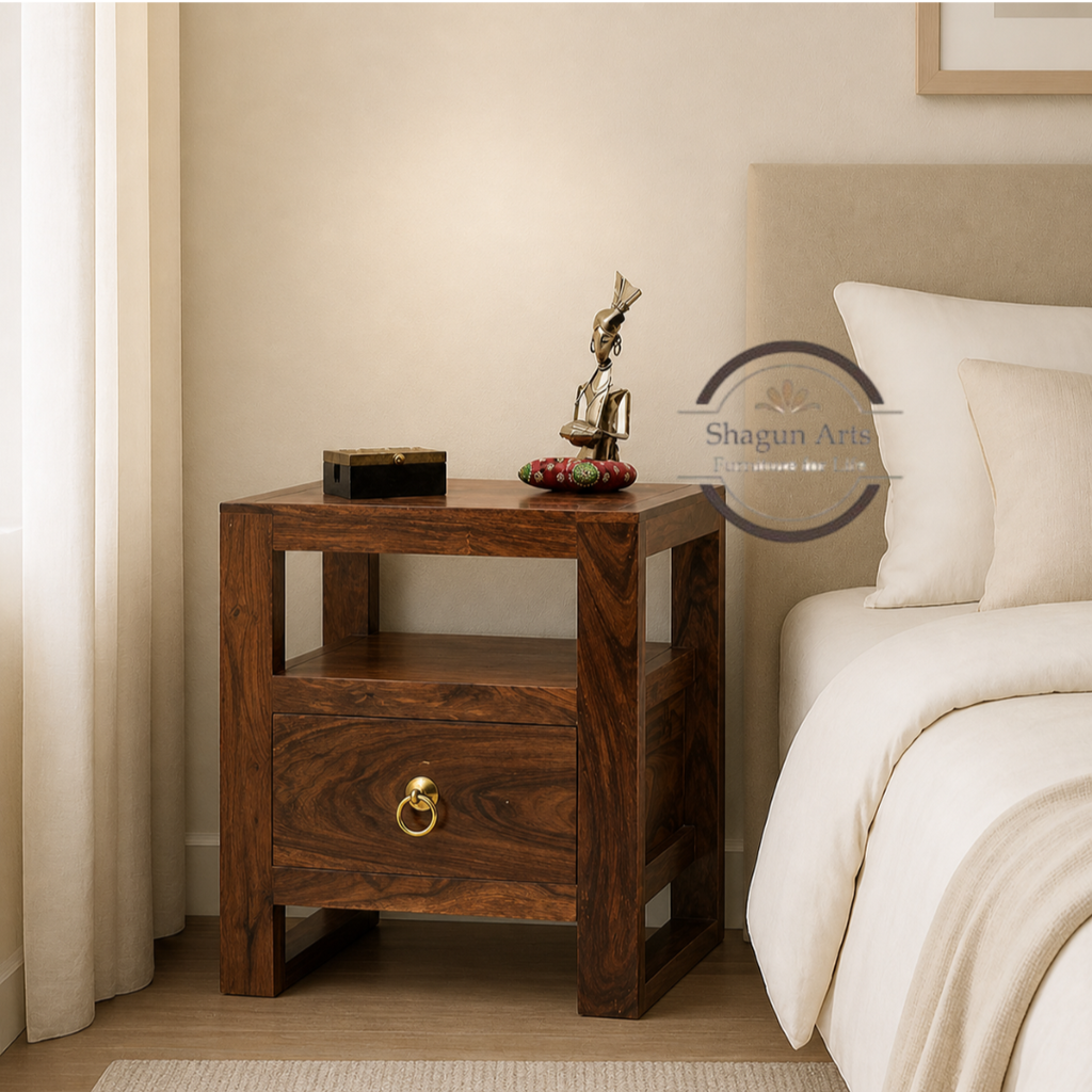 Solid Sheesham Wood Bedside Table with 1 Drawer & Dual Open Shelves | Modern Wooden Nightstand | Natural Brown Finish