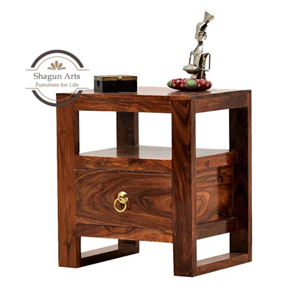 Solid Sheesham Wood Bedside Table with 1 Drawer & Dual Open Shelves | Modern Wooden Nightstand | Natural Brown Finish
