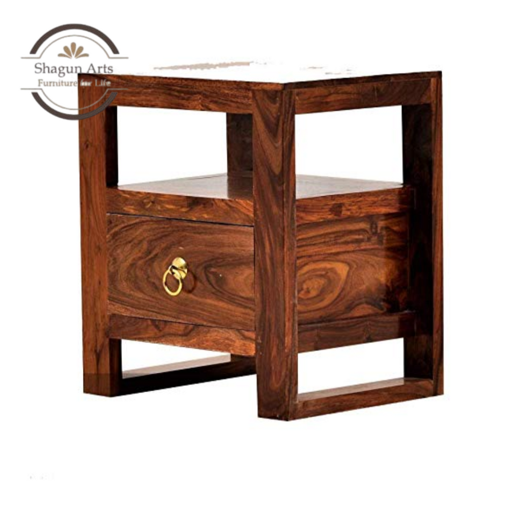 Solid Sheesham Wood Bedside Table with 1 Drawer & Dual Open Shelves | Modern Wooden Nightstand | Natural Brown Finish