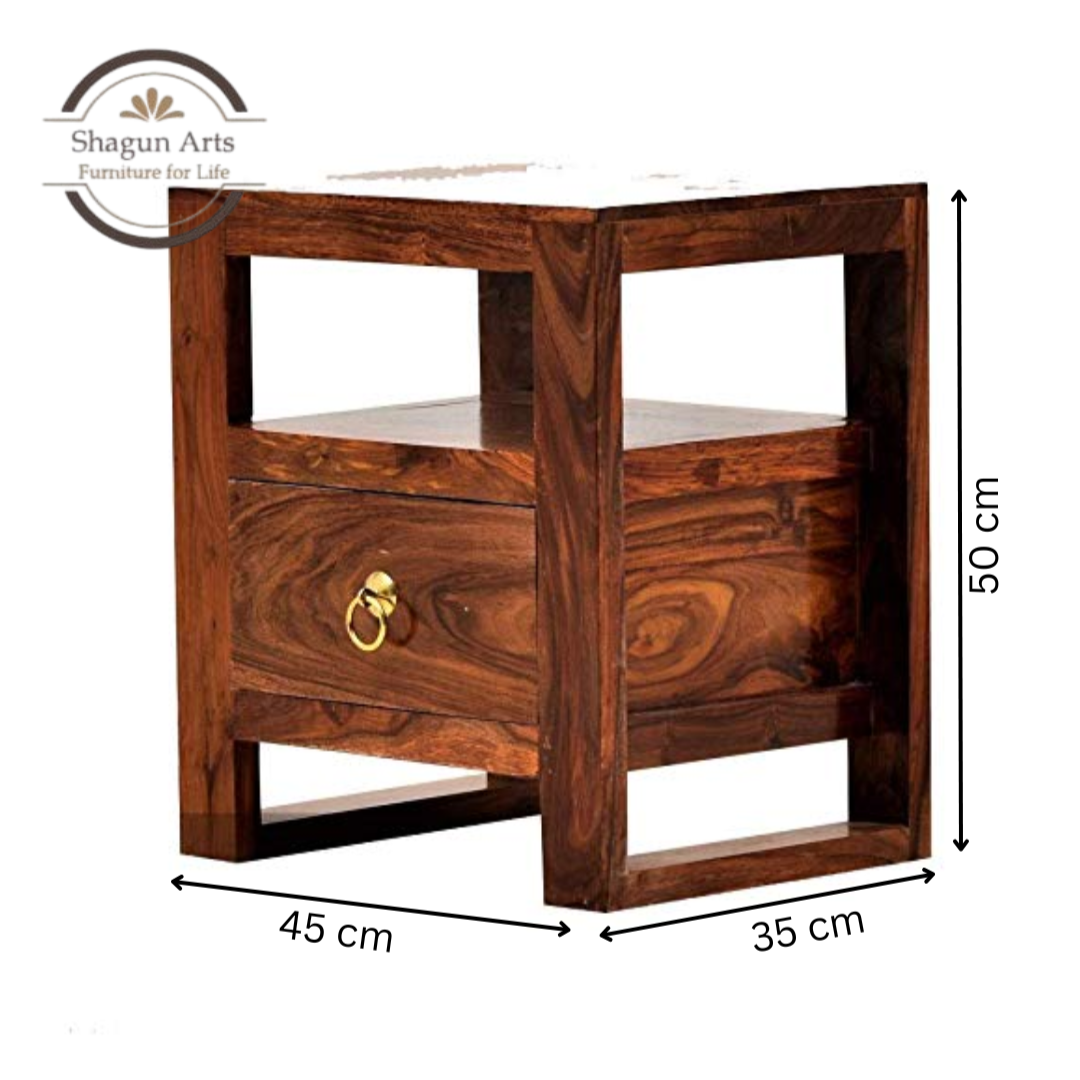 Solid Sheesham Wood Bedside Table with 1 Drawer & Dual Open Shelves | Modern Wooden Nightstand | Natural Brown Finish