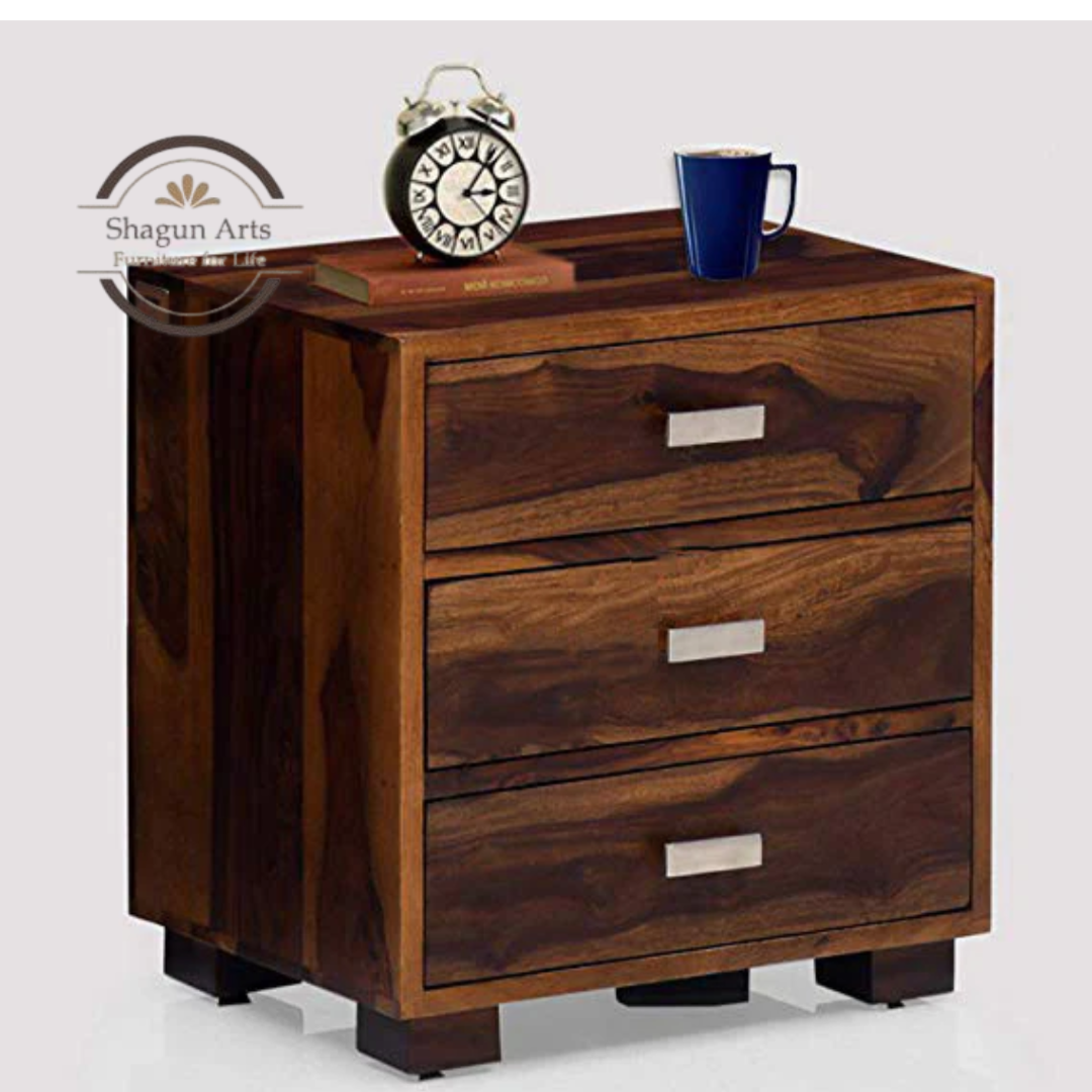 Solid Sheesham Wood Bedside Table with 3 Drawers | Modern Wooden Nightstand for Bedroom | Storage End Table With Teak Finish