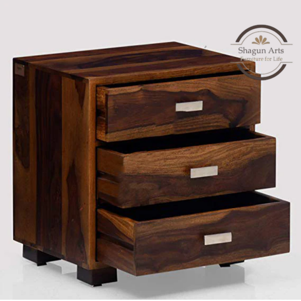 Solid Sheesham Wood Bedside Table with 3 Drawers | Modern Wooden Nightstand for Bedroom | Storage End Table With Teak Finish