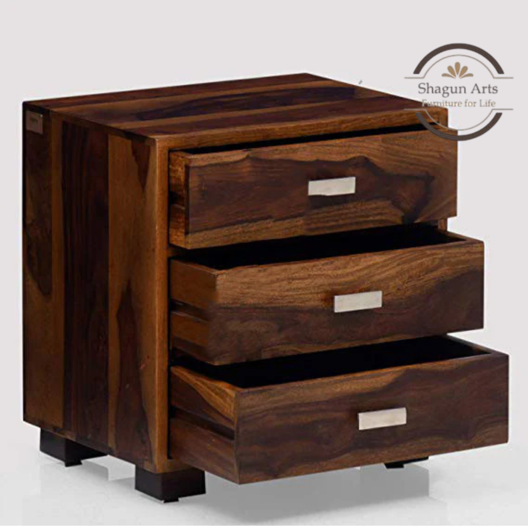 Solid Sheesham Wood Bedside Table with 3 Drawers | Modern Wooden Nightstand for Bedroom | Storage End Table With Teak Finish