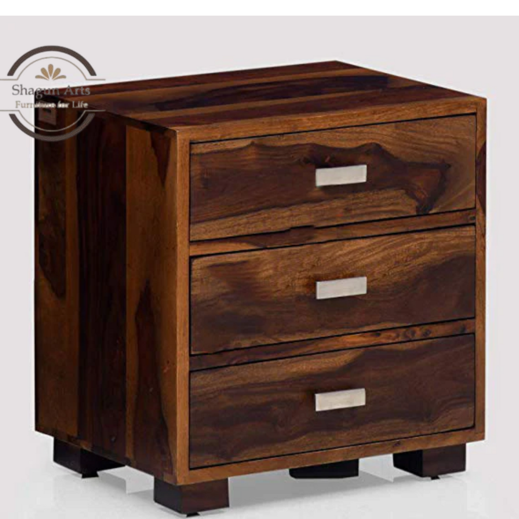 Solid Sheesham Wood Bedside Table with 3 Drawers | Modern Wooden Nightstand for Bedroom | Storage End Table With Teak Finish