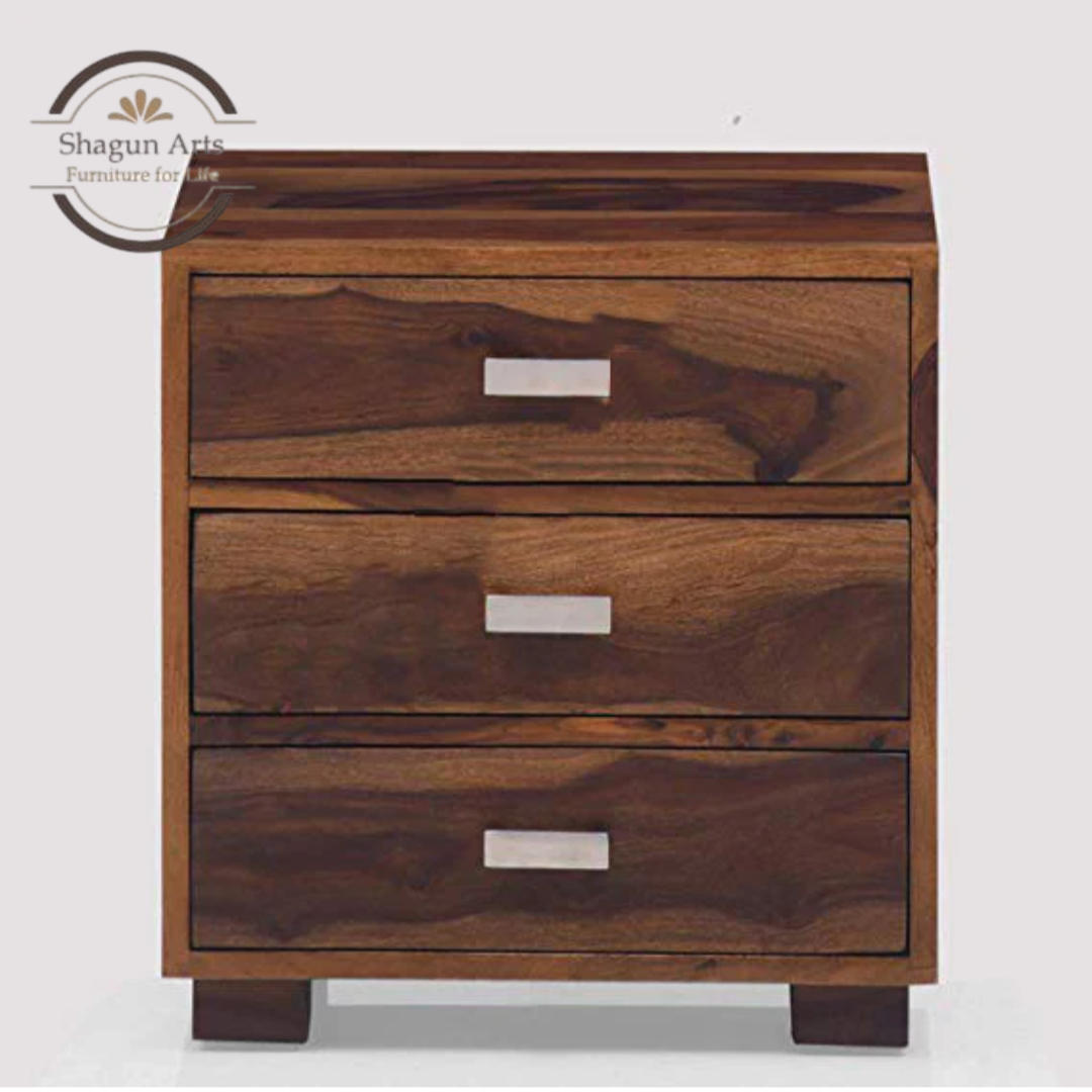 Solid Sheesham Wood Bedside Table with 3 Drawers | Modern Wooden Nightstand for Bedroom | Storage End Table With Teak Finish