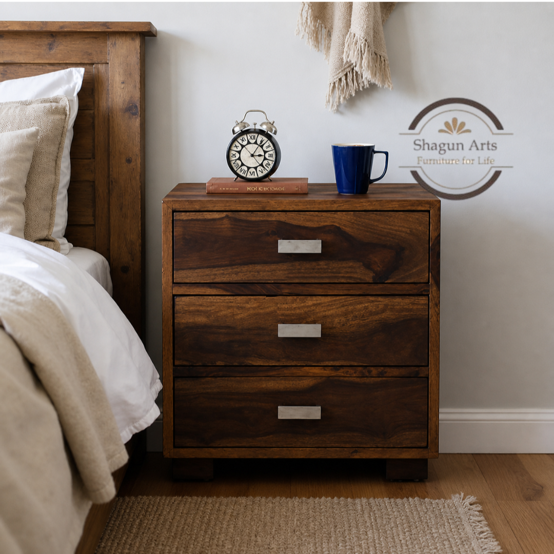 Solid Sheesham Wood Bedside Table with 3 Drawers | Modern Wooden Nightstand for Bedroom | Storage End Table With Teak Finish