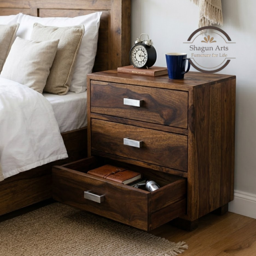 Solid Sheesham Wood Bedside Table with 3 Drawers | Modern Wooden Nightstand for Bedroom | Storage End Table With Teak Finish
