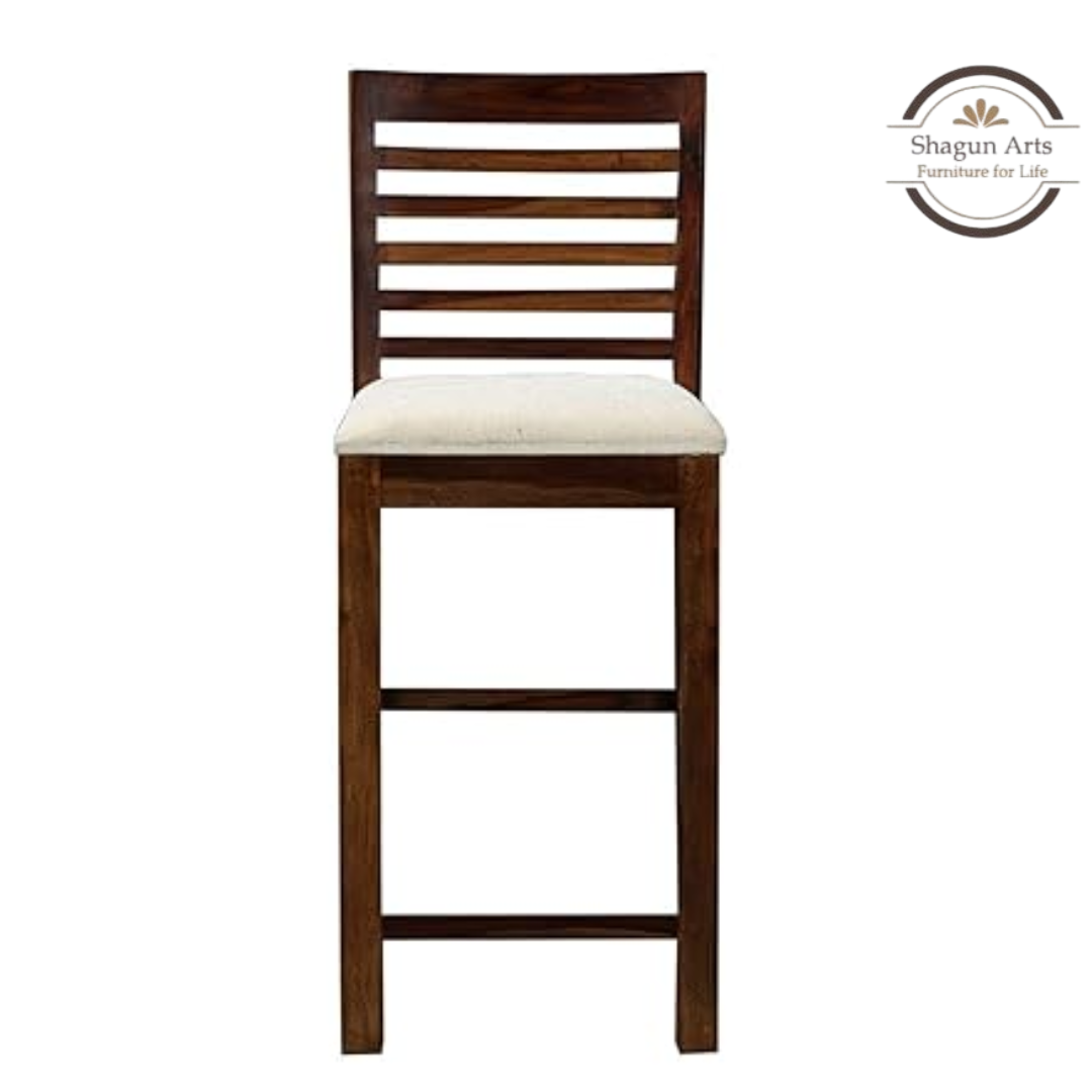 Solid Sheesham Handcrafted Wooden Bar Stool with Cushioned Seat & Slatted Backrest
