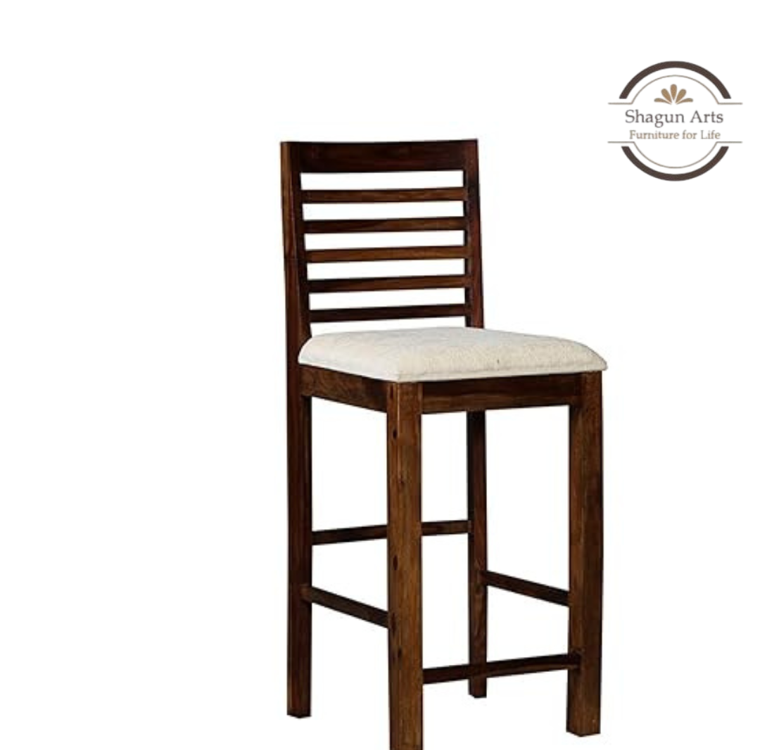 Solid Sheesham Handcrafted Wooden Bar Stool with Cushioned Seat & Slatted Backrest