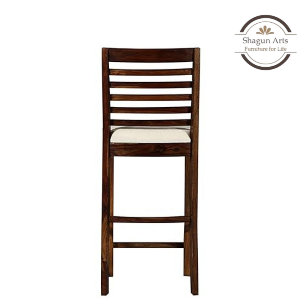 Solid Sheesham Handcrafted Wooden Bar Stool with Cushioned Seat & Slatted Backrest