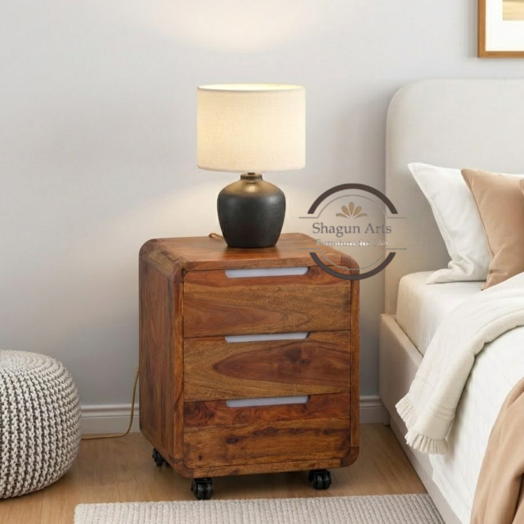 Solid Sheesham Wood Bedside Table with 3 Drawers & Wheels | Modern Mobile Nightstand | Walnut Finish