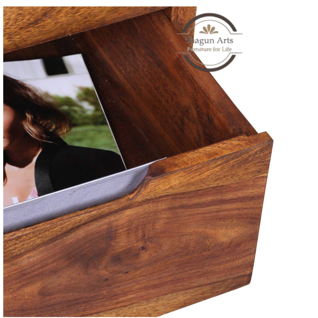 Solid Sheesham Wood Bedside Table with 3 Drawers & Wheels | Modern Mobile Nightstand | Walnut Finish