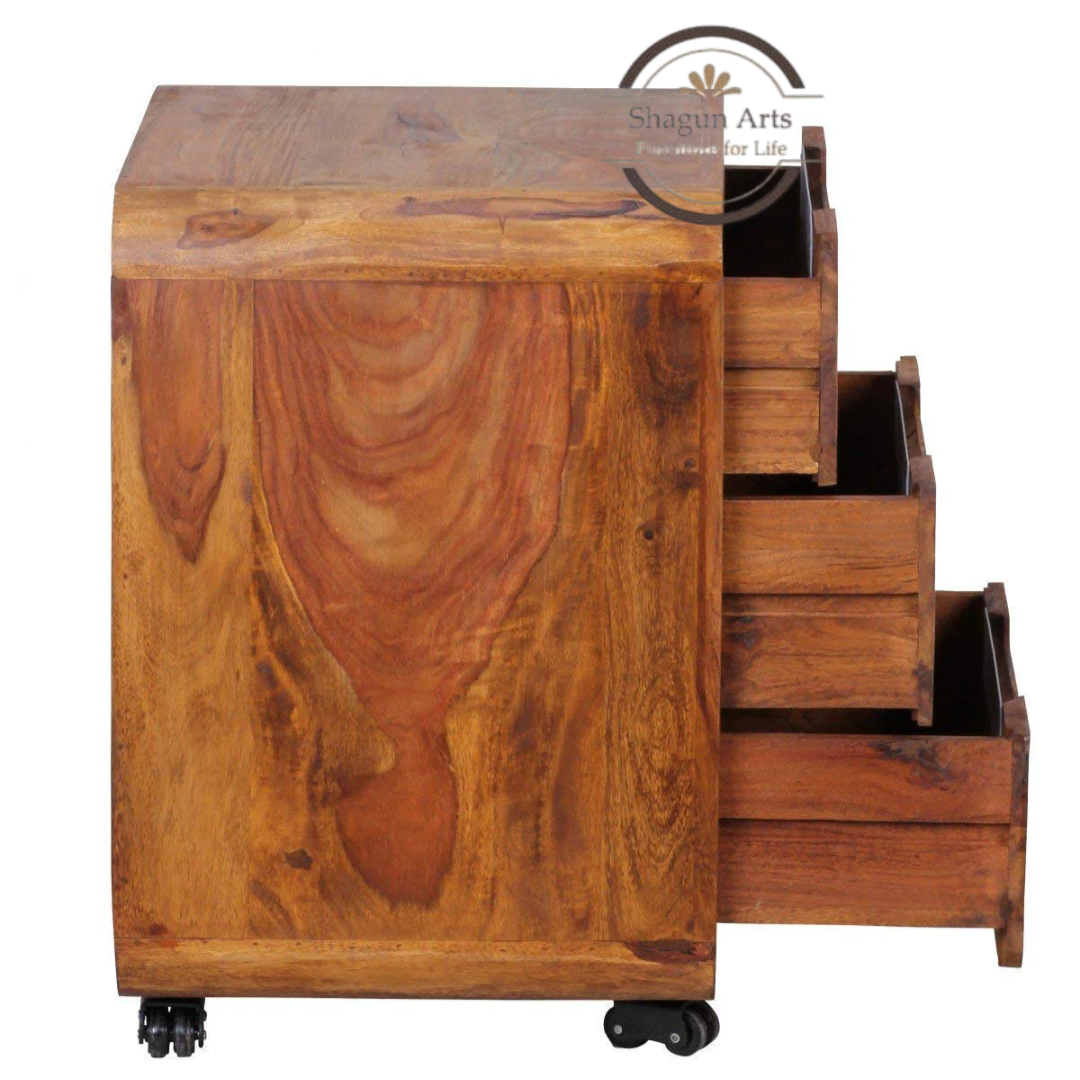 Solid Sheesham Wood Bedside Table with 3 Drawers & Wheels | Modern Mobile Nightstand | Walnut Finish
