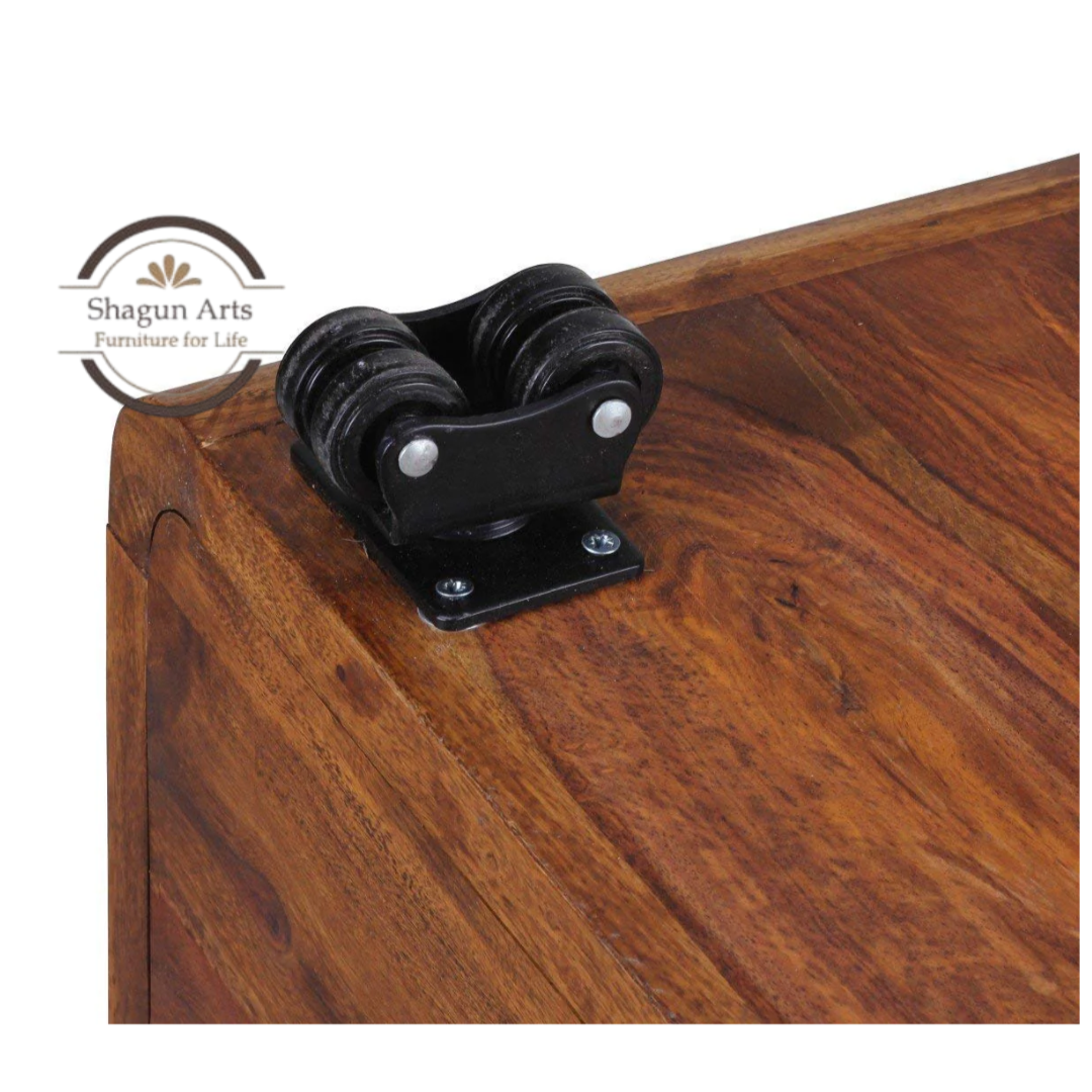 Solid Sheesham Wood Bedside Table with 3 Drawers & Wheels | Modern Mobile Nightstand | Walnut Finish
