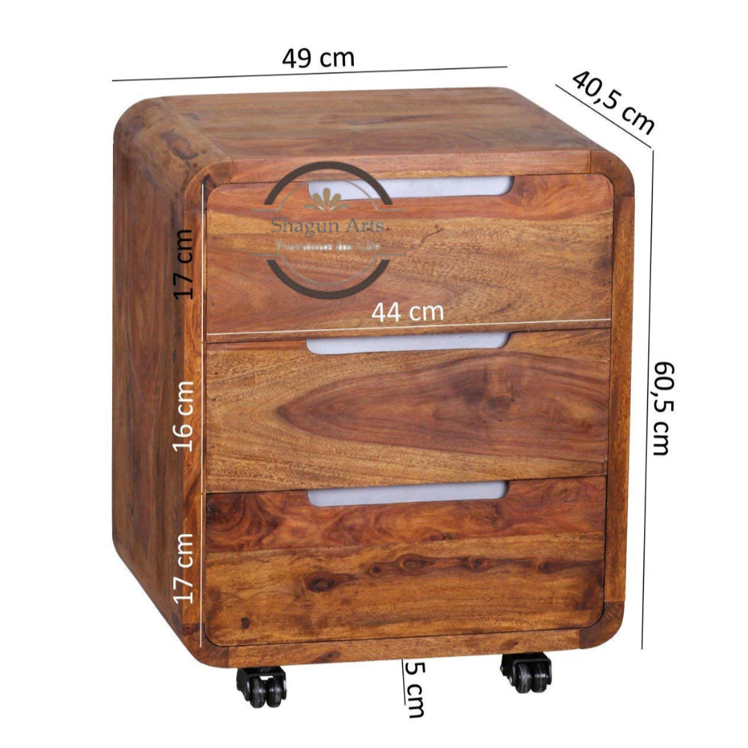 Solid Sheesham Wood Bedside Table with 3 Drawers & Wheels | Modern Mobile Nightstand | Walnut Finish