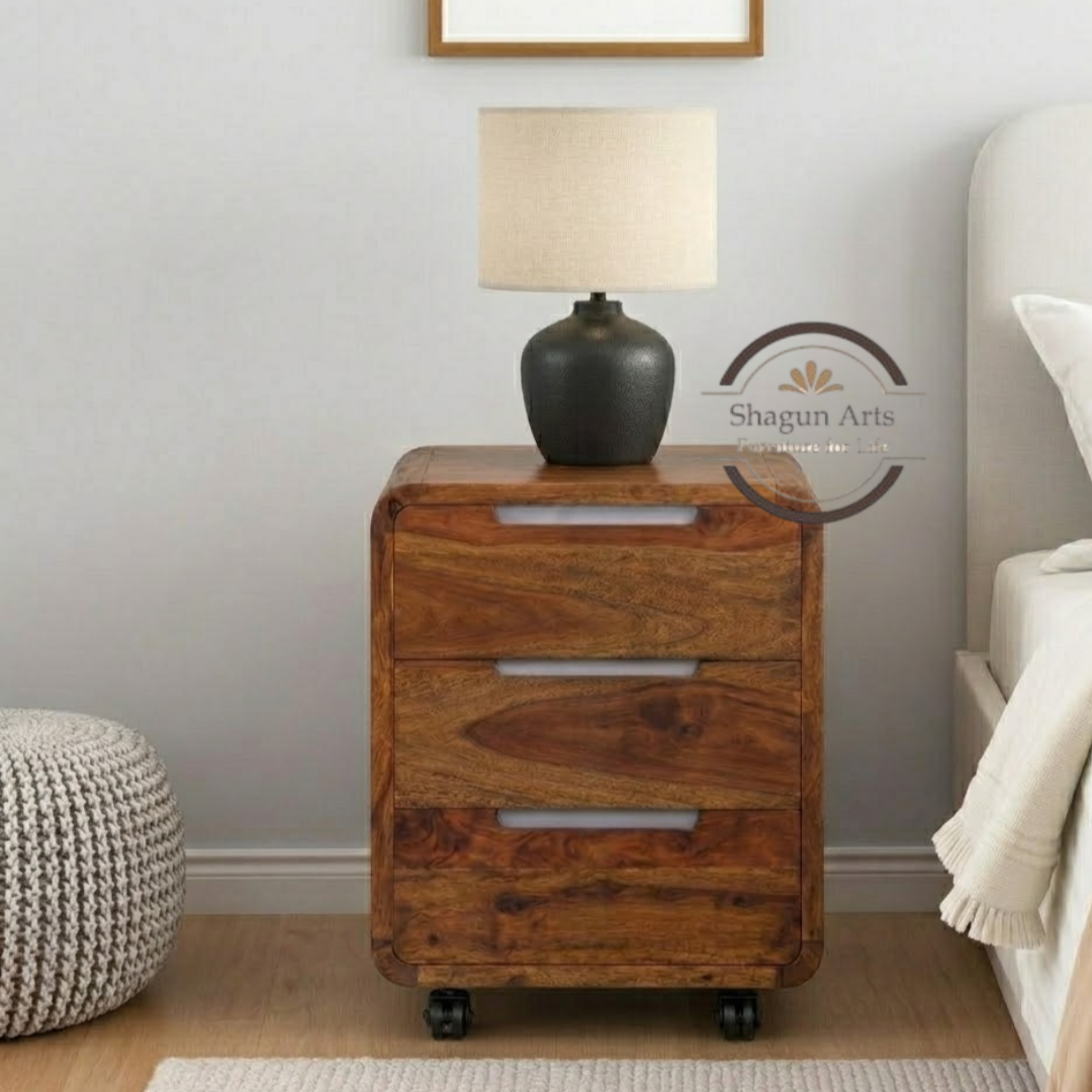 Solid Sheesham Wood Bedside Table with 3 Drawers & Wheels | Modern Mobile Nightstand | Walnut Finish