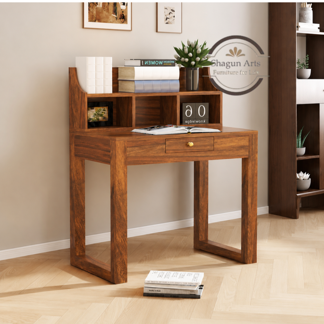 Solid Sheesham Wood Study Desk with Storage Hutch & Drawer | Wooden Writing Table for Home & Office | Computer Desk with Open Shelves | Honey Oak  Finish