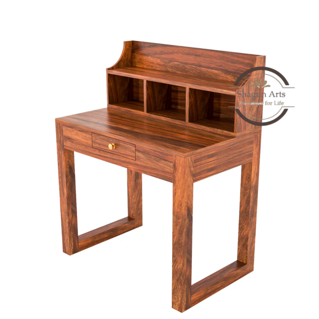 Solid Sheesham Wood Study Desk with Storage Hutch & Drawer | Wooden Writing Table for Home & Office | Computer Desk with Open Shelves | Honey Oak  Finish