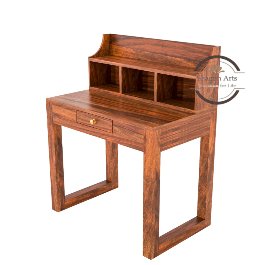 Solid Sheesham Wood Study Desk with Storage Hutch & Drawer | Wooden Writing Table for Home & Office | Computer Desk with Open Shelves | Honey Oak  Finish