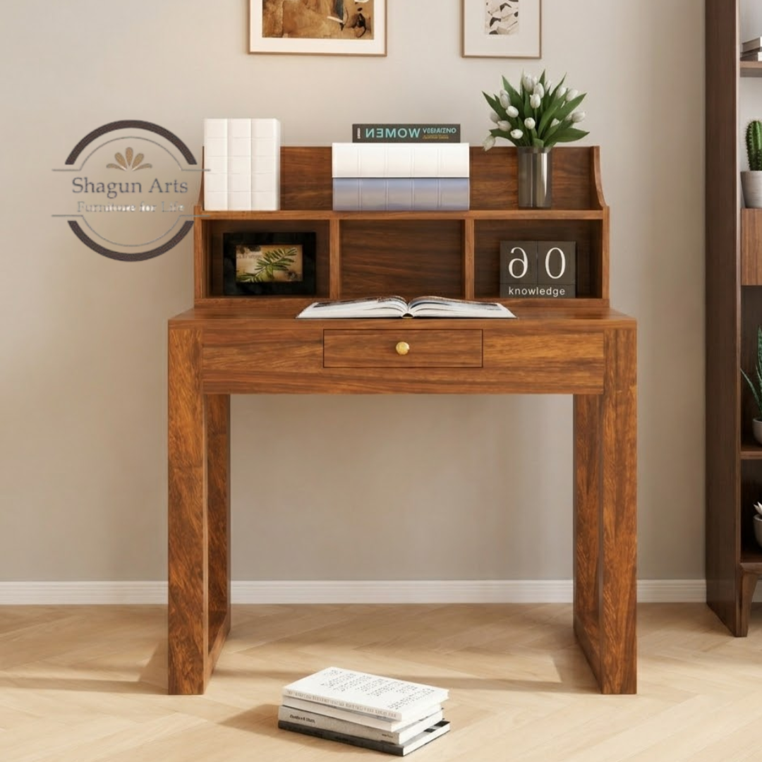 Solid Sheesham Wood Study Desk with Storage Hutch & Drawer | Wooden Writing Table for Home & Office | Computer Desk with Open Shelves | Honey Oak  Finish