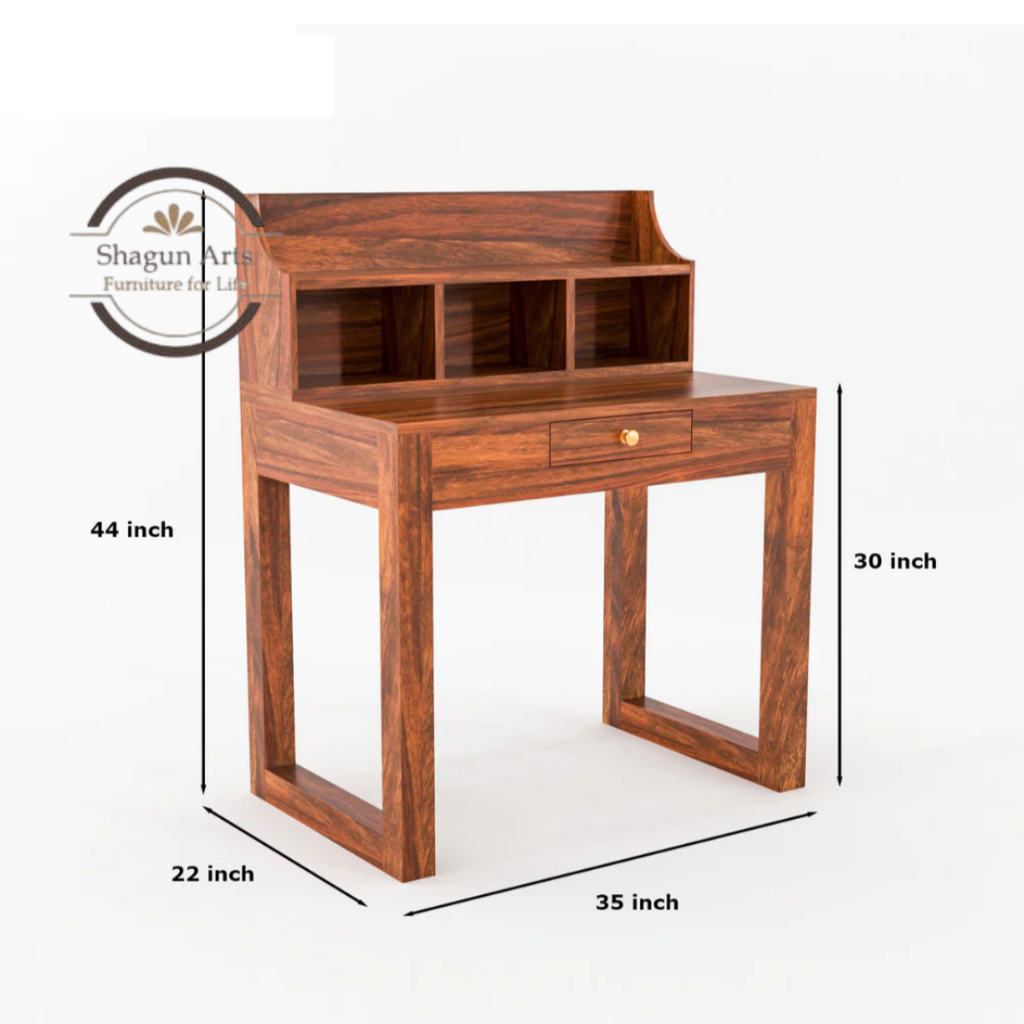 Solid Sheesham Wood Study Desk with Storage Hutch & Drawer | Wooden Writing Table for Home & Office | Computer Desk with Open Shelves | Honey Oak  Finish