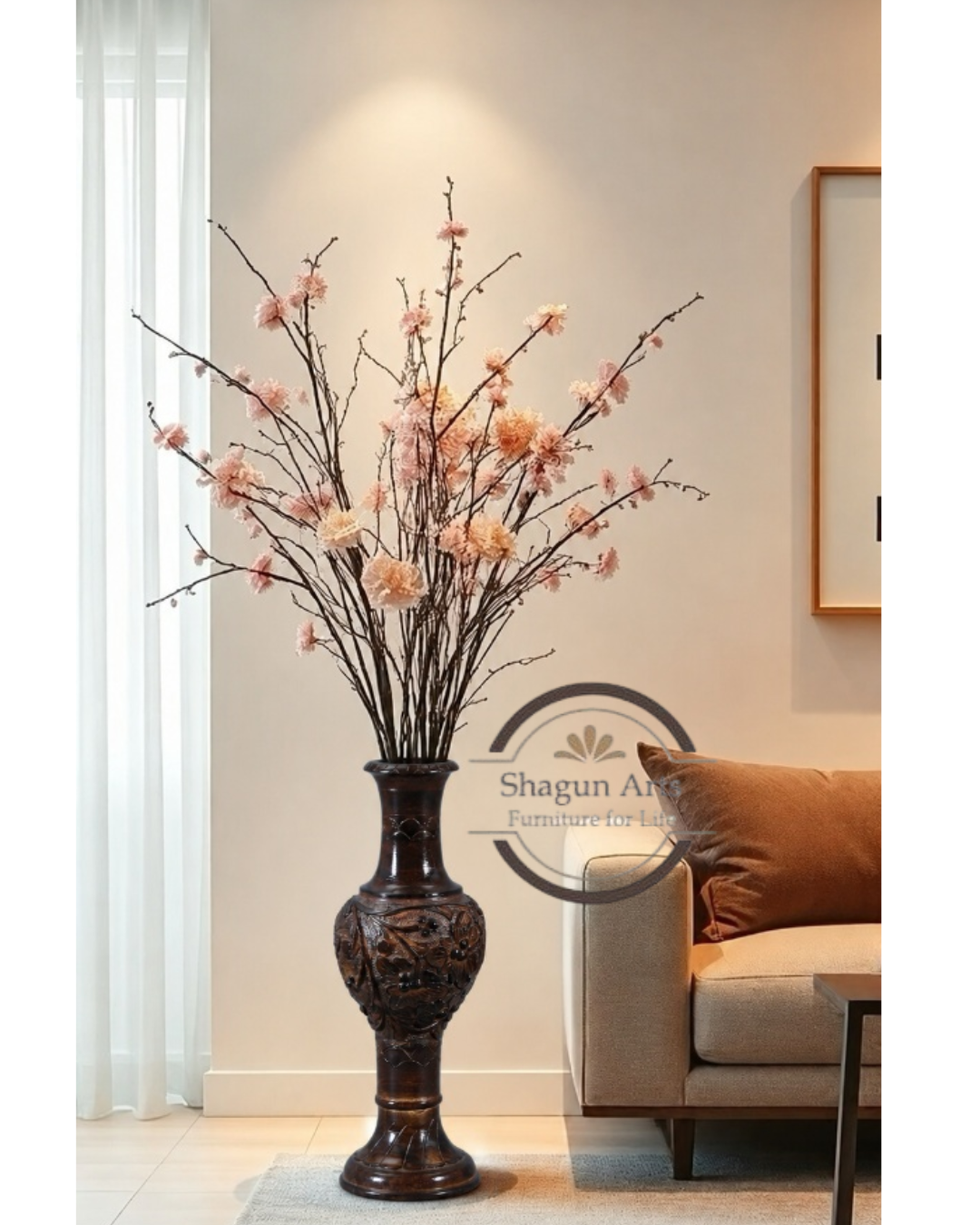 Handcrafted Carved Wooden Decorative Floor Vase