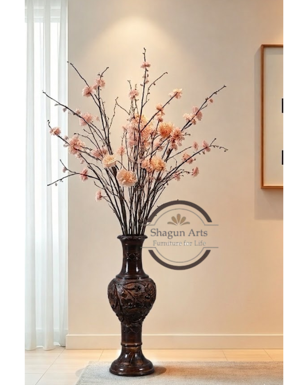 Handcrafted Carved Wooden Decorative Floor Vase