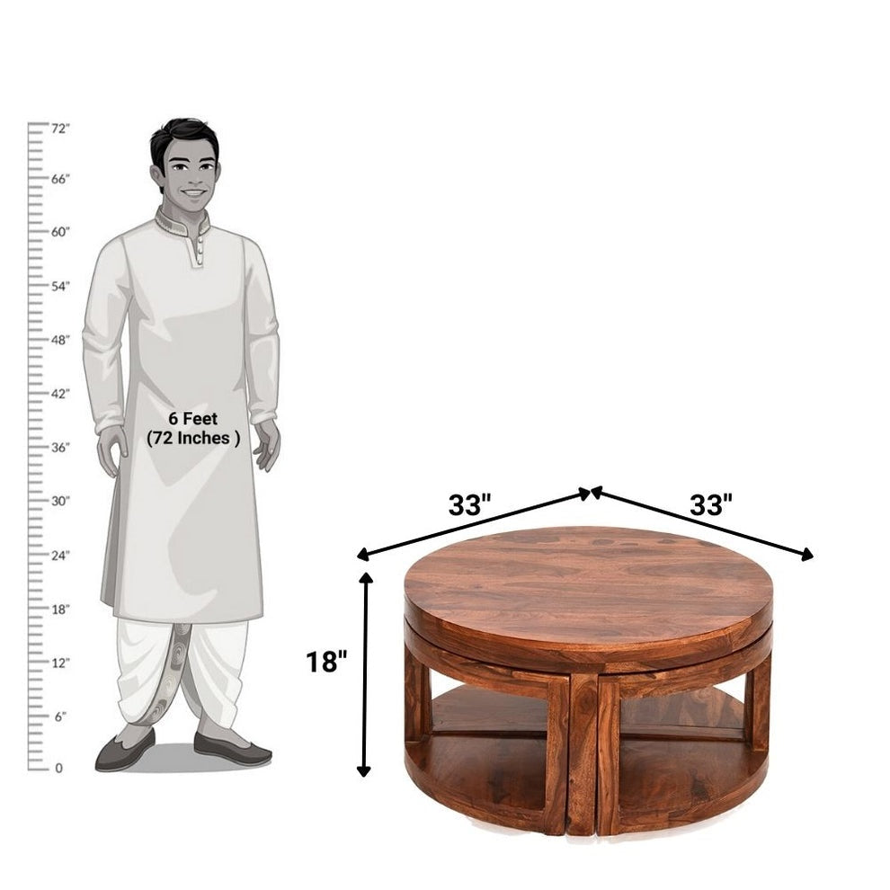 Sterling Solid Sheesham Wood Coffee Table With 4 Stools